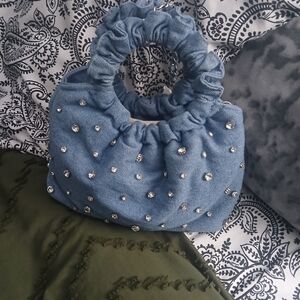 Elegant Blue Denim Mini Bag with Rhinestones